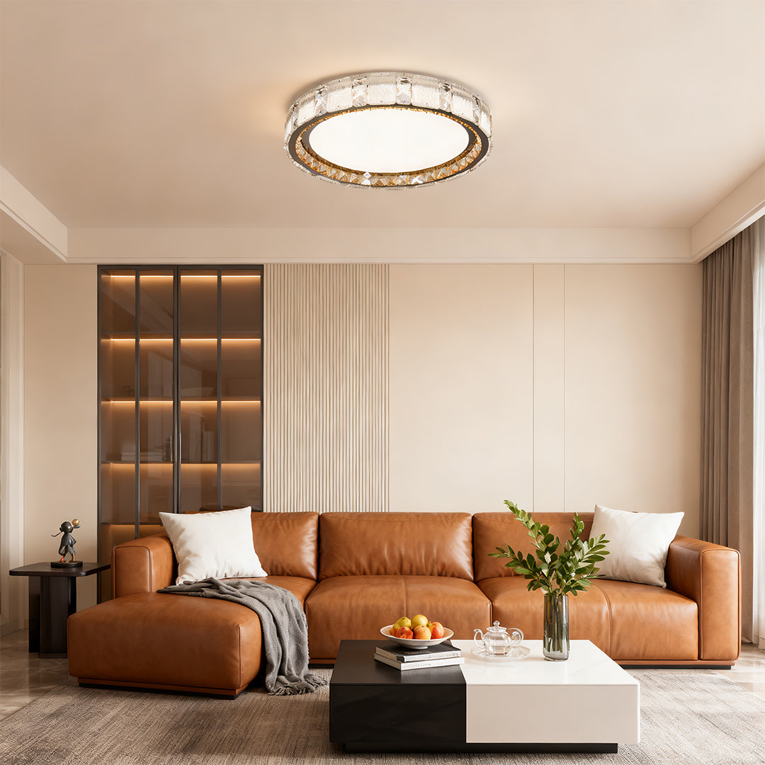 Crystal flush mount ceiling light illuminating warm neutral bedroom with modern elegant interior design