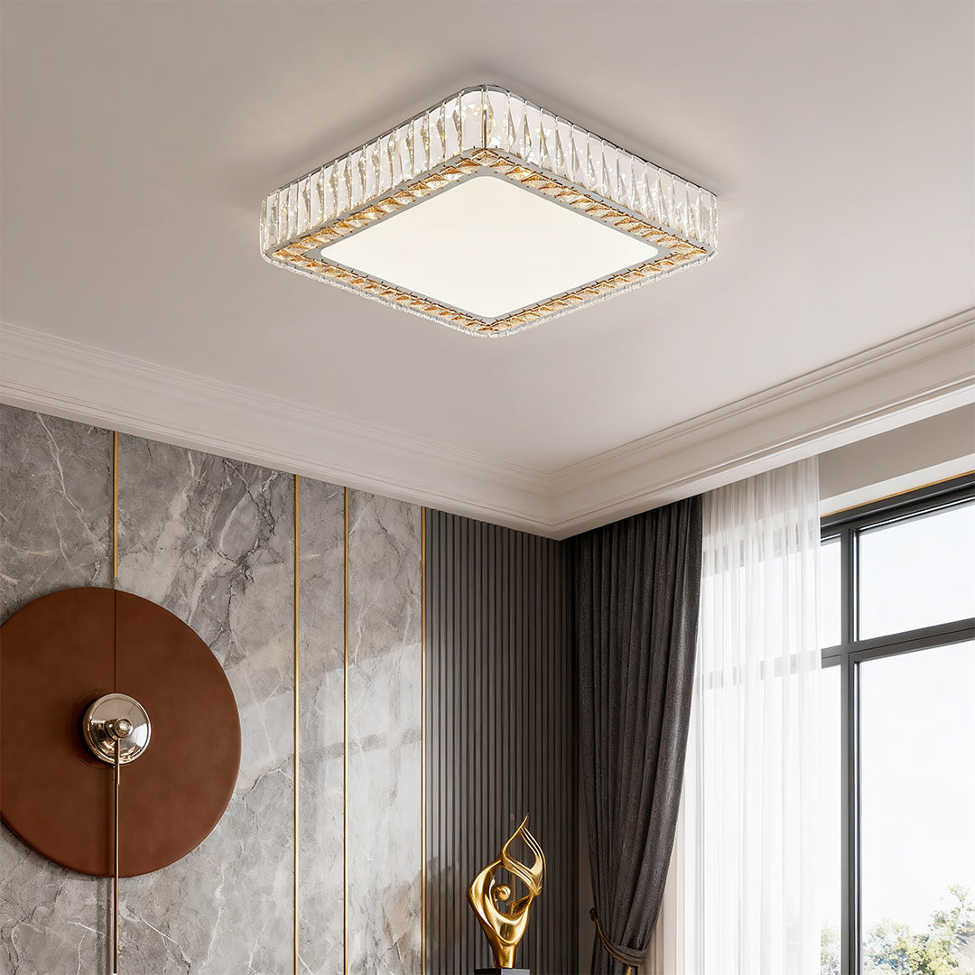 Crystal ceiling light installed in a chic living room with modern gray and bronze decor.