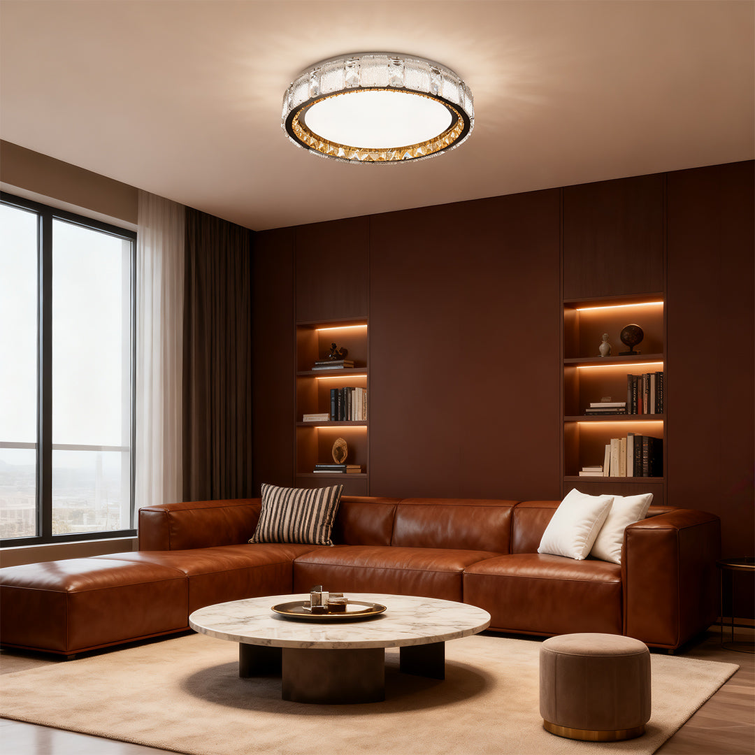 Crystal flush mount ceiling light centerpiece in luxurious brown-toned living room with ambient lighting
