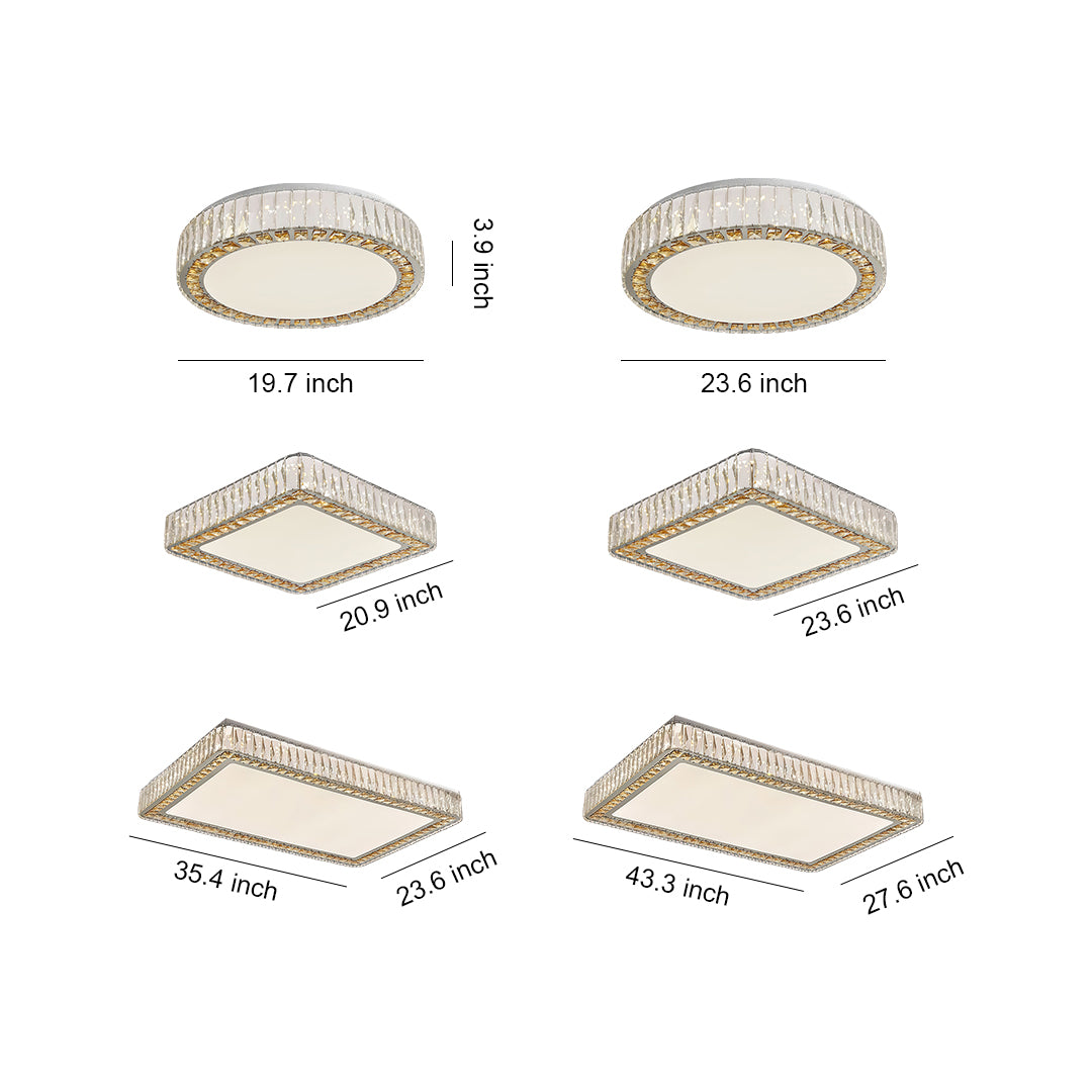 Crystal ceiling light size chart showing various shapes and dimensions for home lighting design.