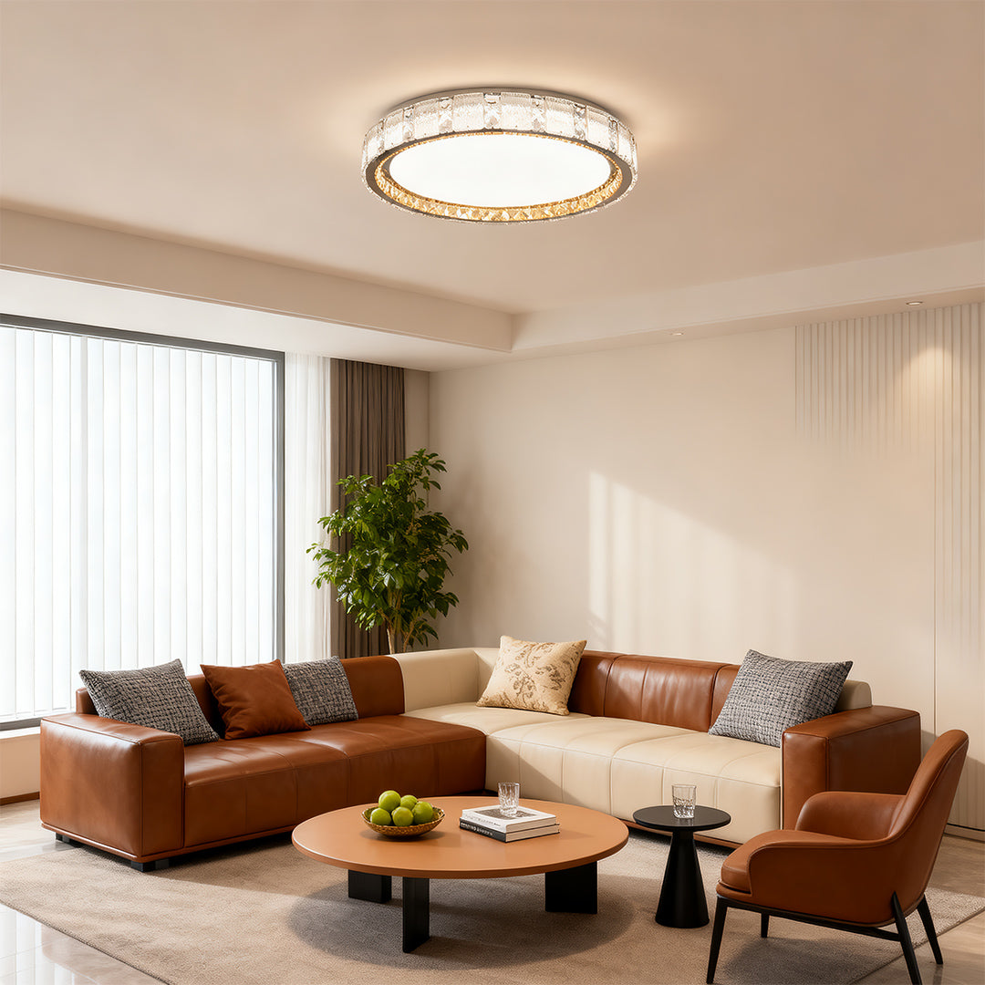 Crystal flush mount ceiling lights enhancing bright airy living space with tan leather sectional sofa