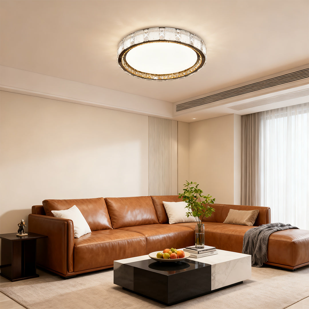 Crystal flush mount ceiling lights providing sophisticated illumination in contemporary neutral living area