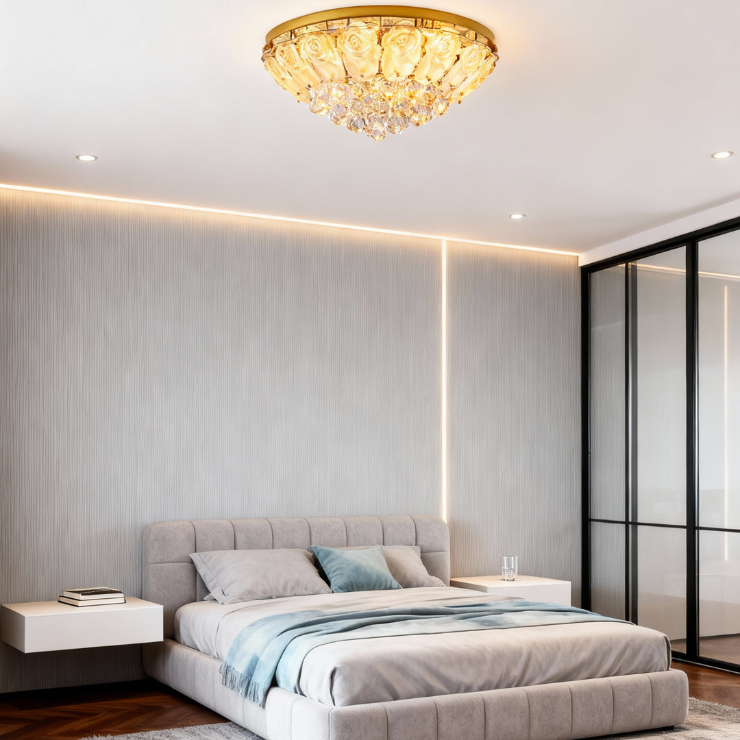 Crystal ceiling lights flush mount providing ambient lighting in modern bedroom with textured walls and platform bed