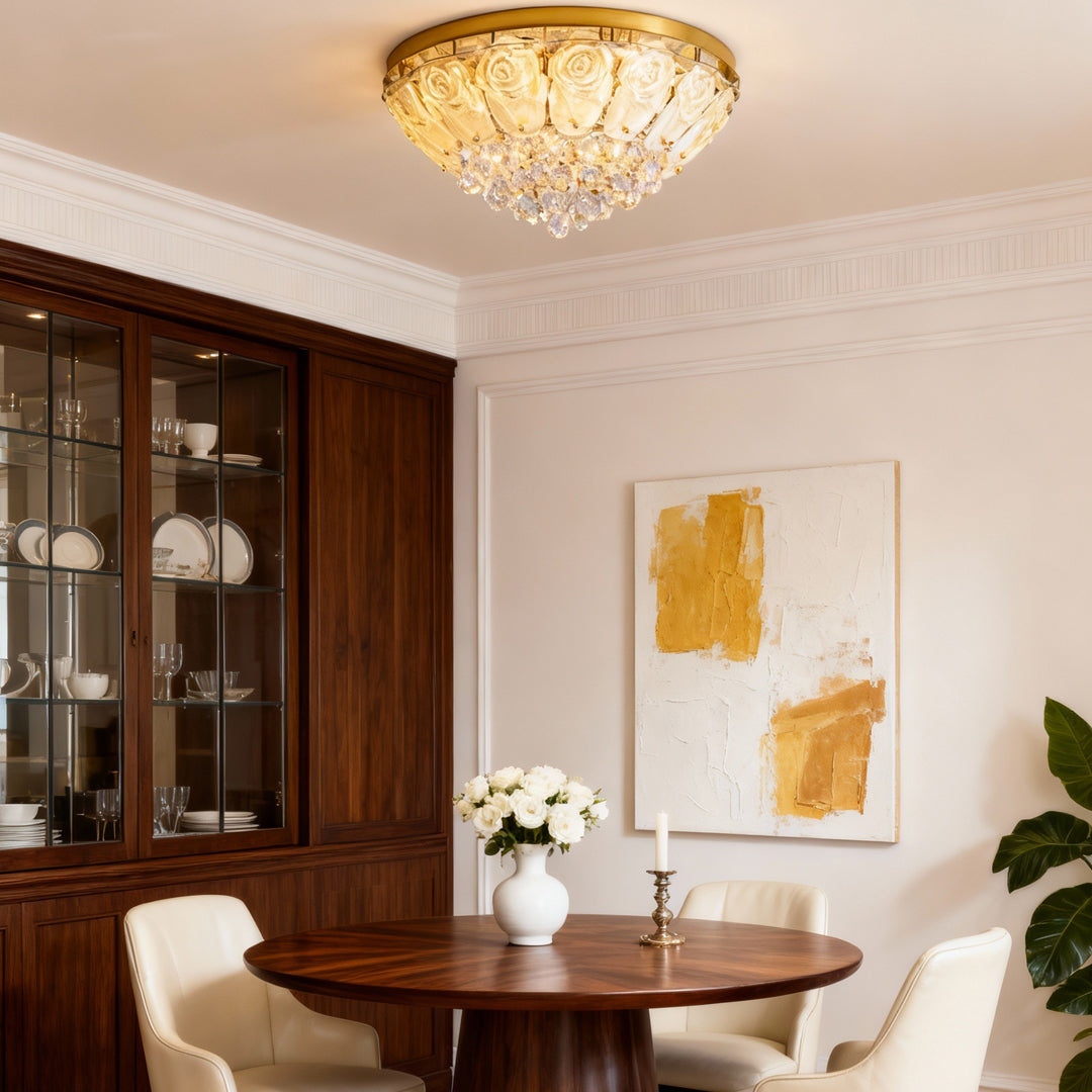 Crystal ceiling lights flush mount complementing classic interior with wood cabinetry and vibrant yellow abstract art