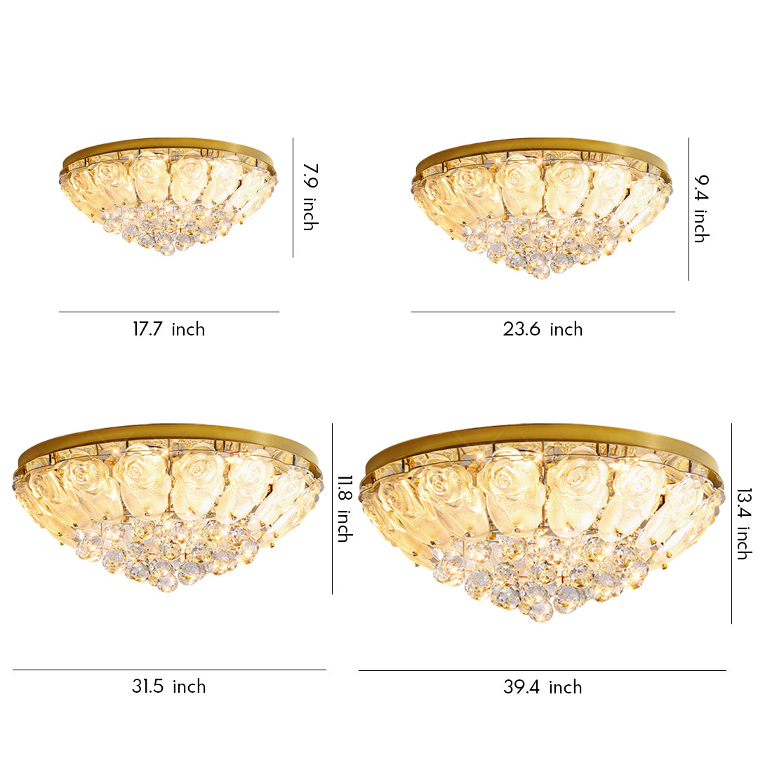 Crystal ceiling lights flush mount collection showing four sizes with gold frames and cascading crystal elements