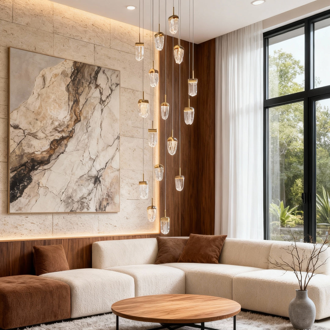 Crystal ceiling lights flush mount illuminating contemporary living room with cognac leather sofa and marble artwork