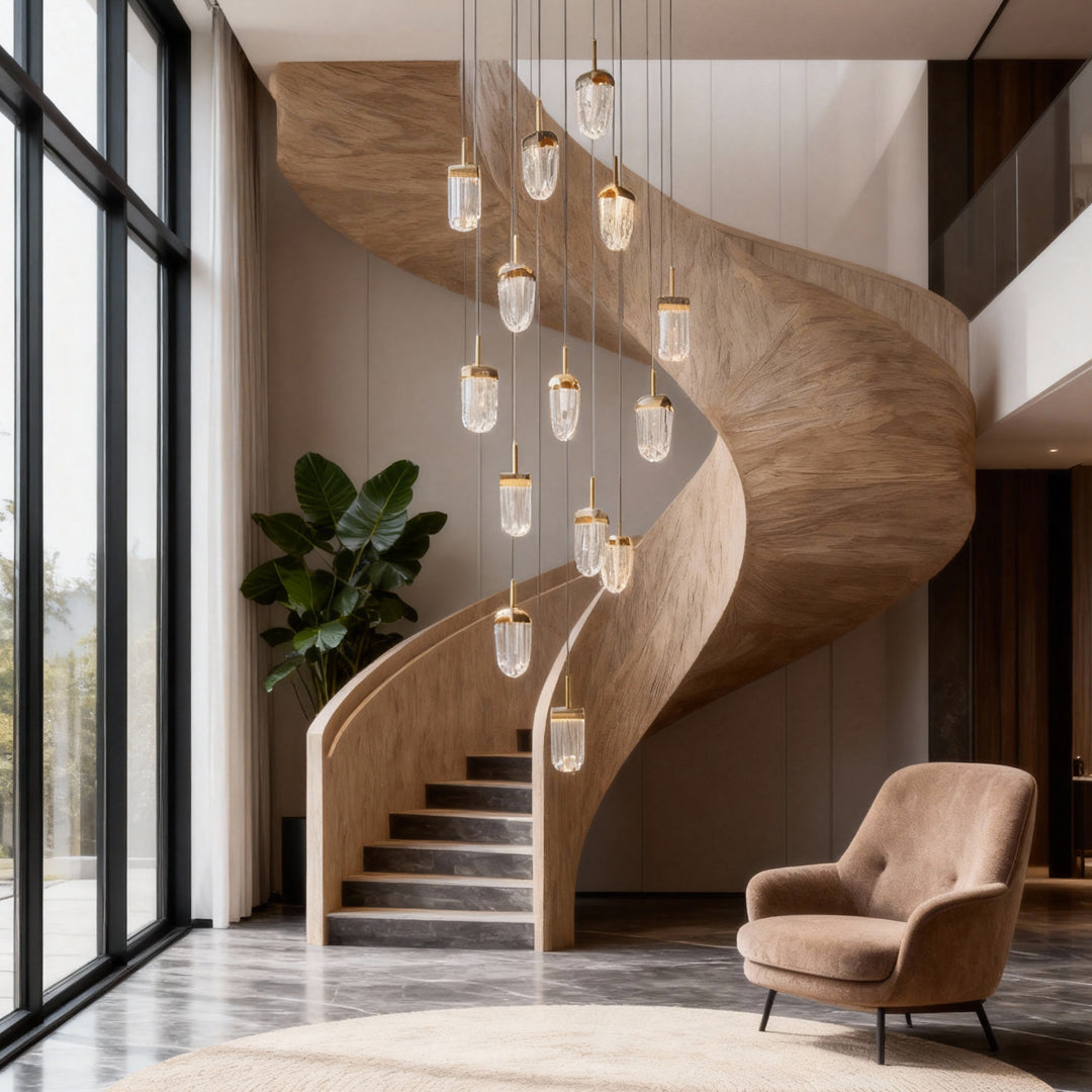 Crystal ceiling lights flush mount suspended along curved staircase in luxury foyer with marble flooring and modern furnishings