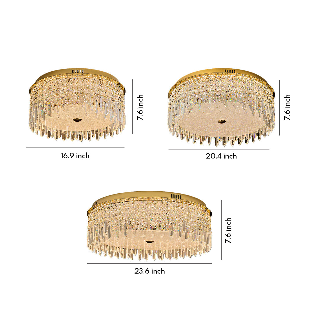 Size chart showing crystal ceiling lights flush mount in multiple diameters and heights.
