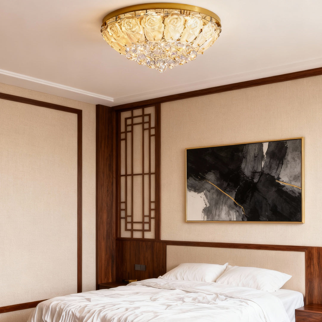 Crystal ceiling lights flush mount enhancing traditional bedroom with dark wood furniture and contemporary artwork