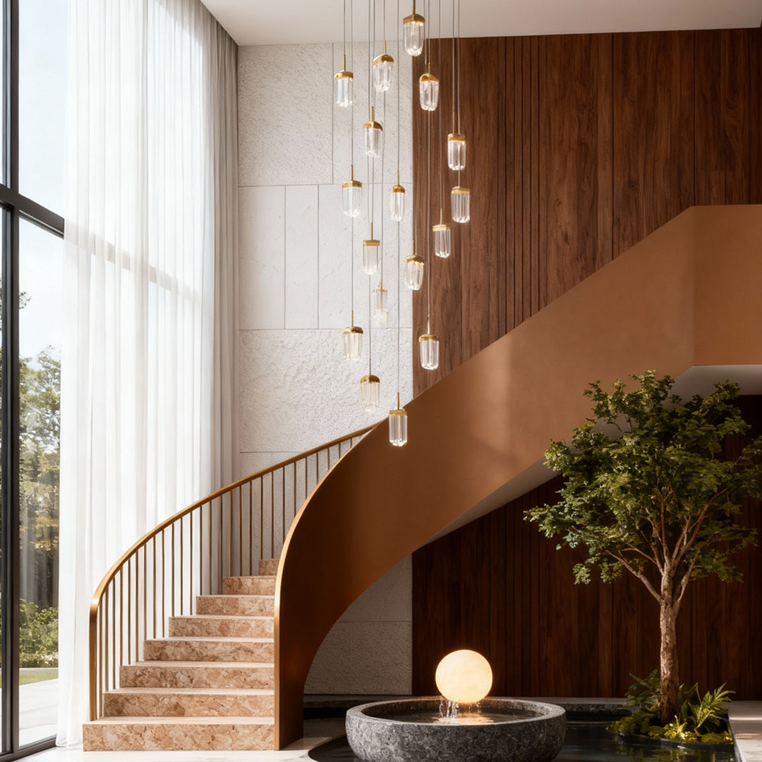 Crystal ceiling lights flush mount creating vertical lighting element in double-height space with curved wood walls