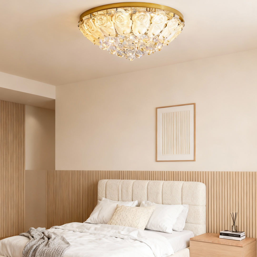 Crystal ceiling lights flush mount creating warm glow in elegant bedroom with tufted headboard and neutral palette