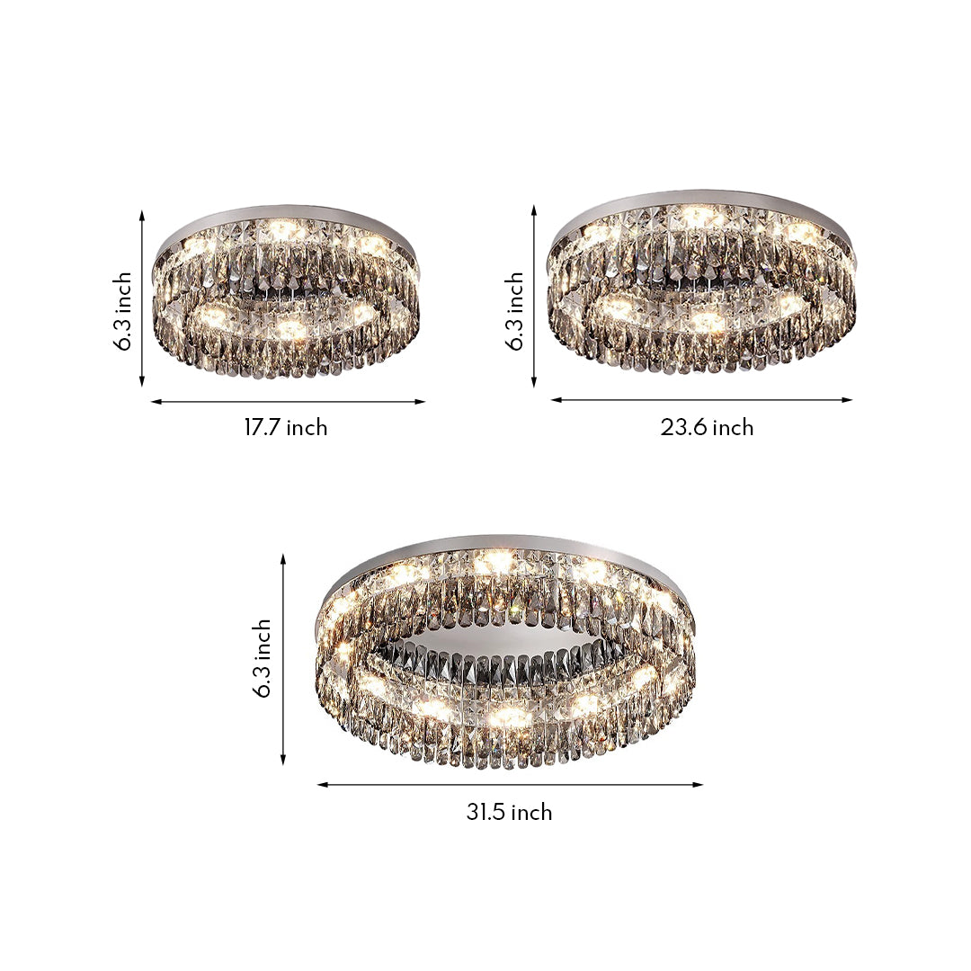 Multiple views of luxurious ceiling round led lights with crystal design showcased in product catalog layout
