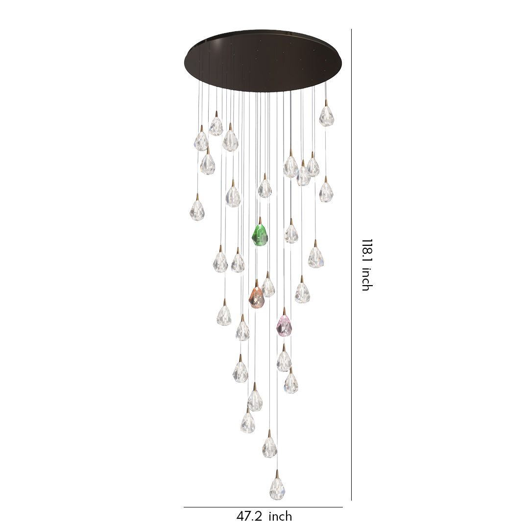 Crystal chandelier for staircase with cascading multi-pendant design featuring colorful glass elements suspended from round canopy