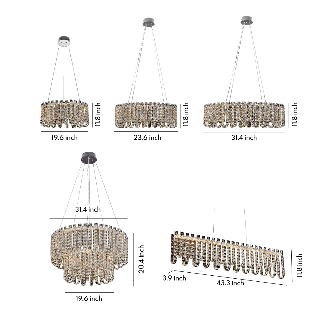 Crystal chandelier Modern size chart showing oval and round designs with gold frames.