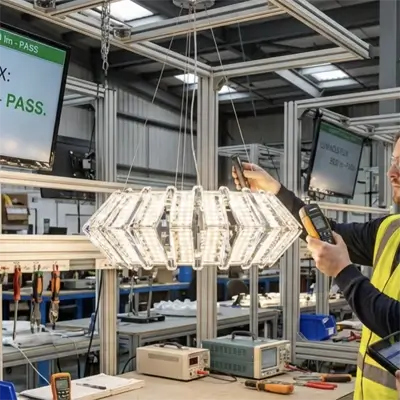 Worker performing quality testing on a crystal chandelier in a lighting factory