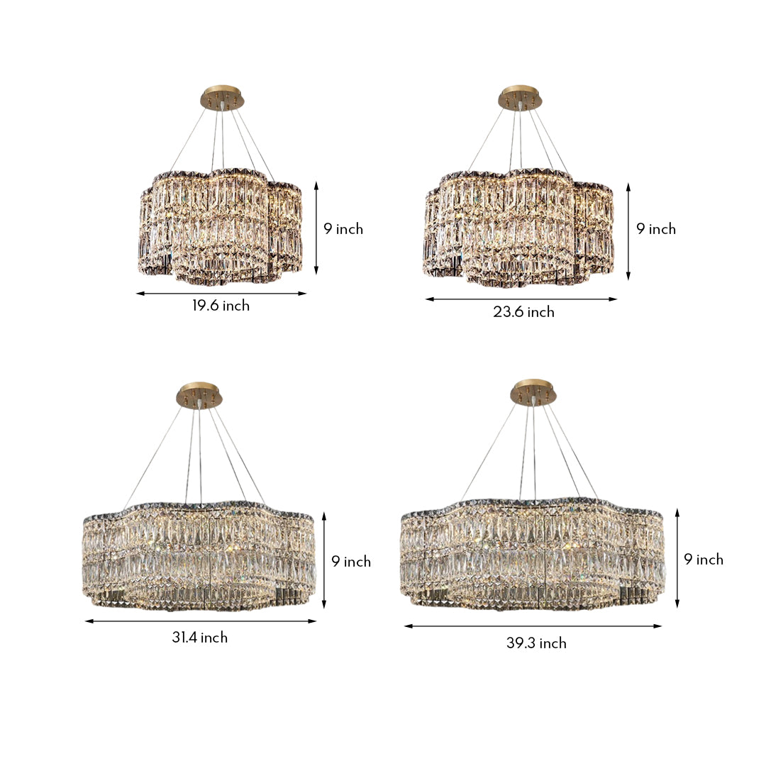 Collection of small, medium, and large crystal chandeliers with gold frames, displayed in a size comparison layout.