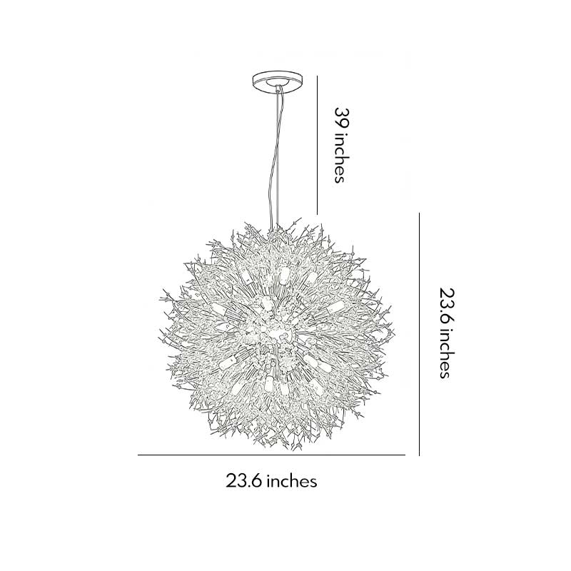 Crystal dandelion chandelier dimensions, front view with size specifications.