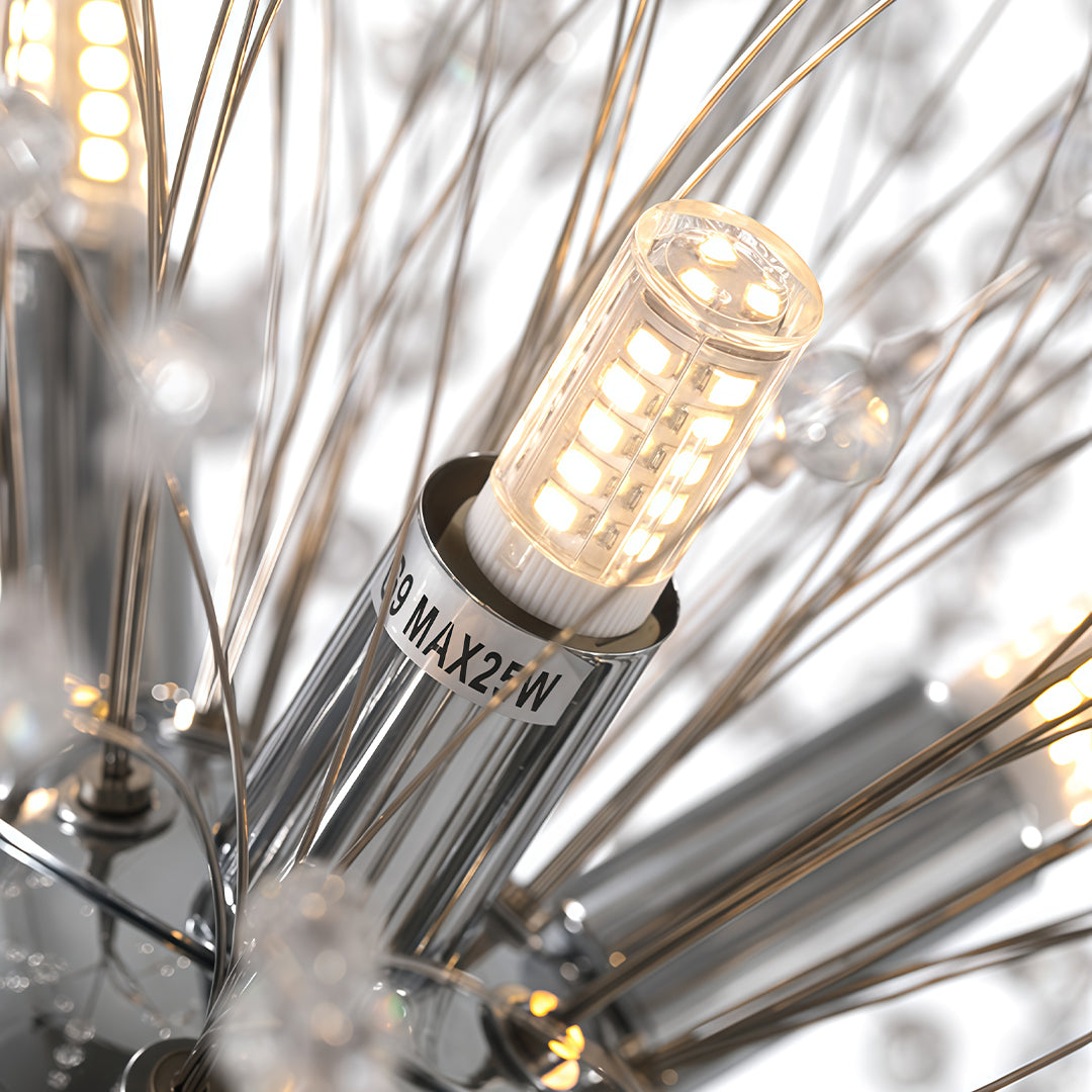 Crystal dandelion chandelier in gold, close-up of the crystal and bulb details.