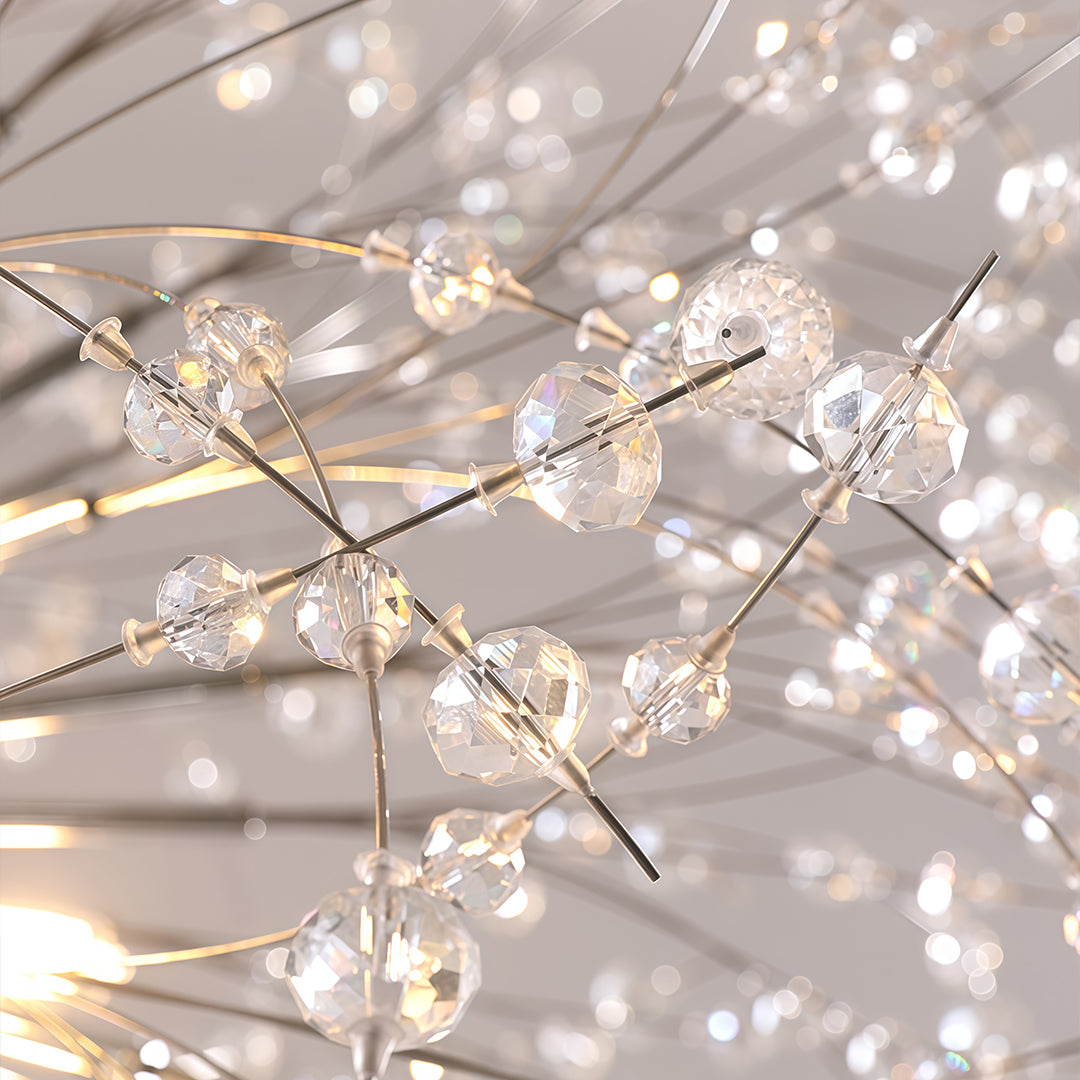 Crystal dandelion chandelier in gold, front view of the intricate design.