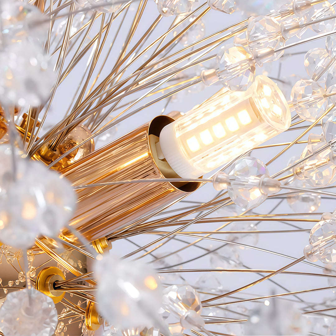 Crystal dandelion chandelier in gold, side view of the decorative design.