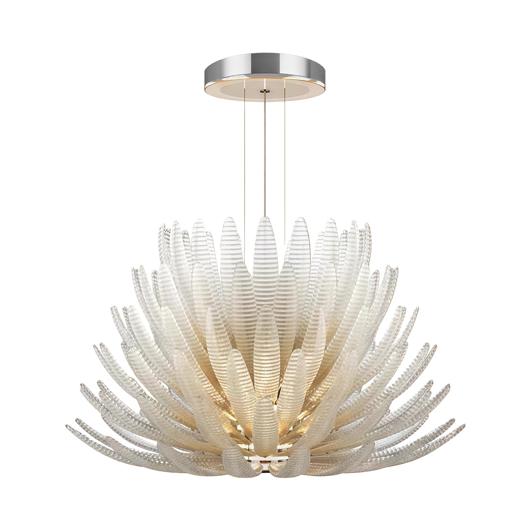 Crystal chandelier in art deco design with sculpted glass petals.