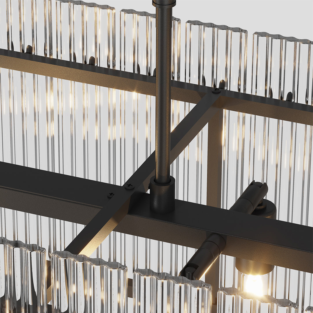 Close-up of crystal detail on a glass lamp shade chandelier showing fine craftsmanship and clear light reflection.