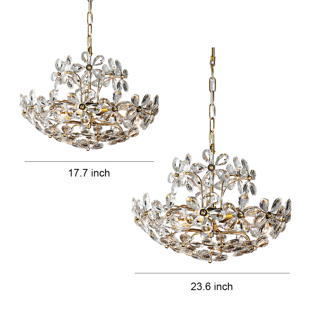 Crystal flower chandelier with intricate petal design and technical dimensions display