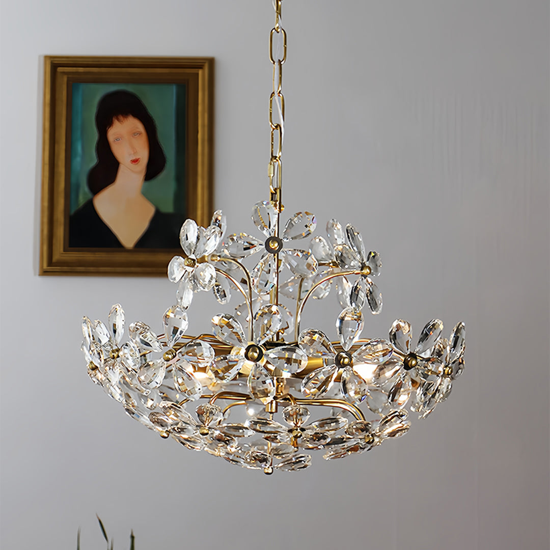 Crystal flower chandelier positioned in traditional interior with classical artwork backdrop