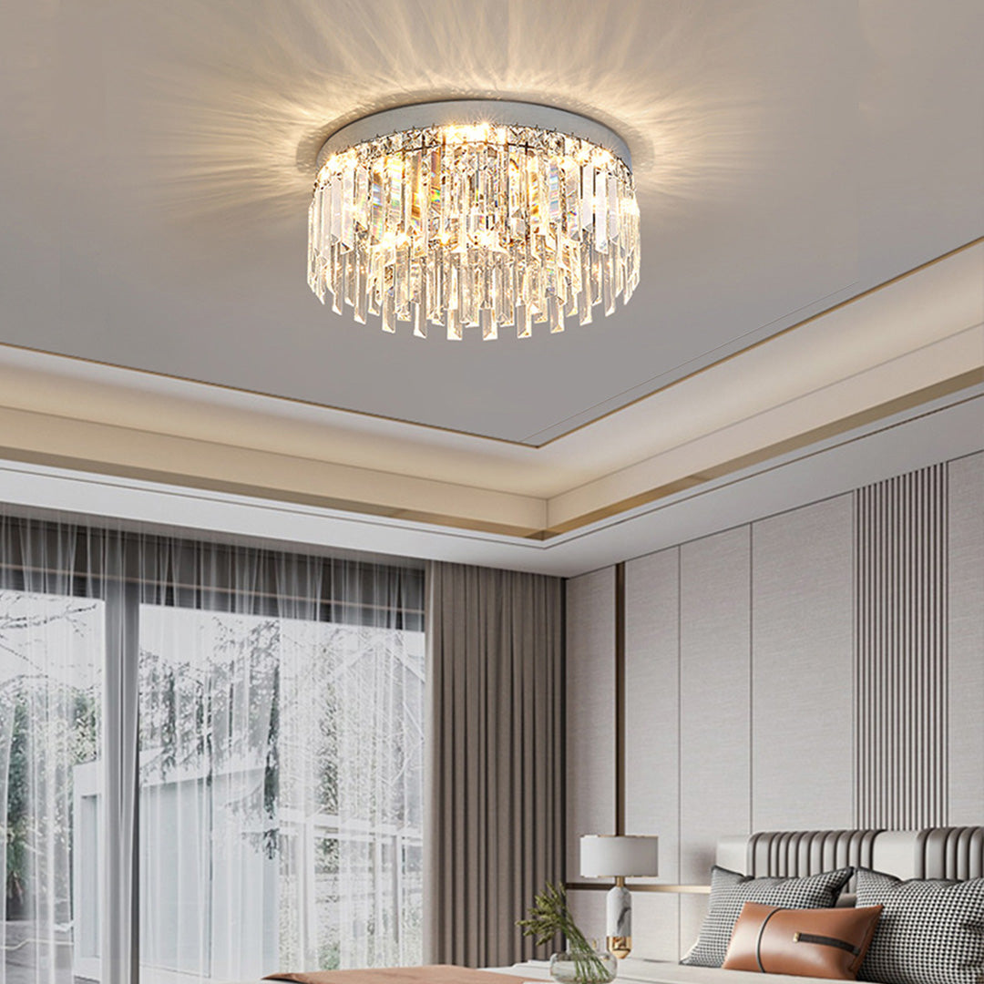 Crystal flush mount ceiling light installed in luxurious dining room with marble accents