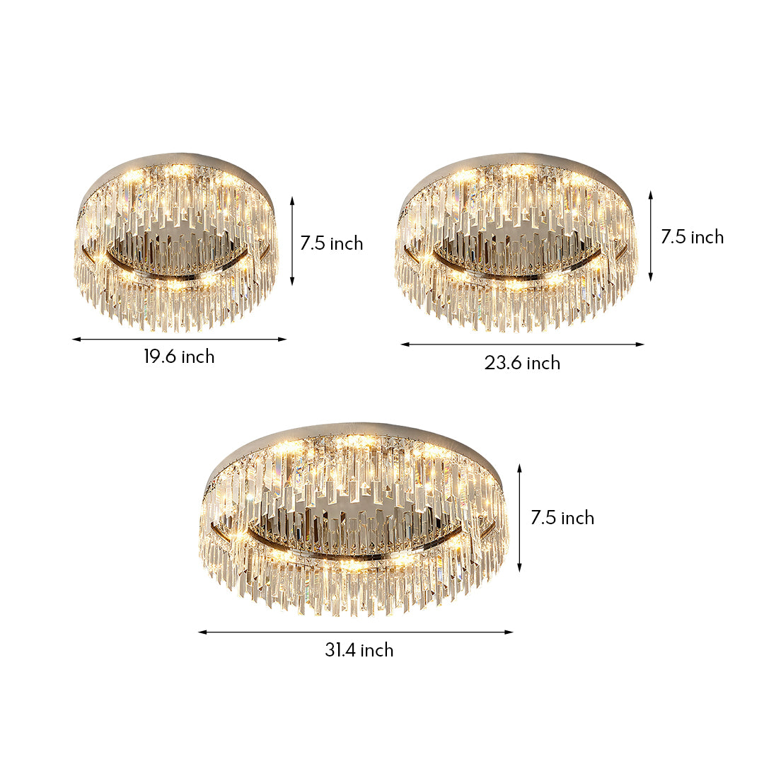 Technical diagram showing three size options for luxury crystal flush mount ceiling light fixture