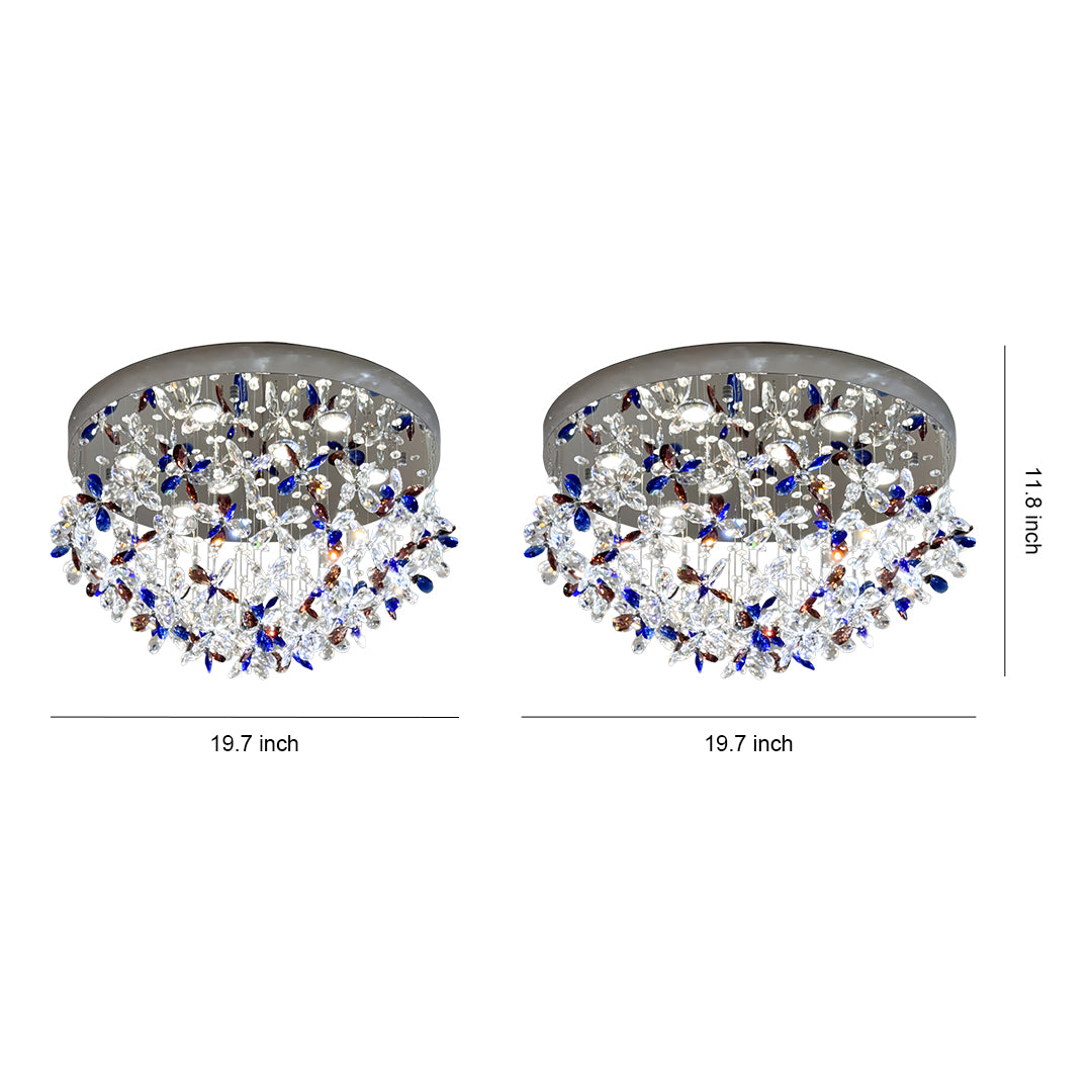 Pair of crystal flush mount lights with blue accent stones and sparkling clear crystals on white background