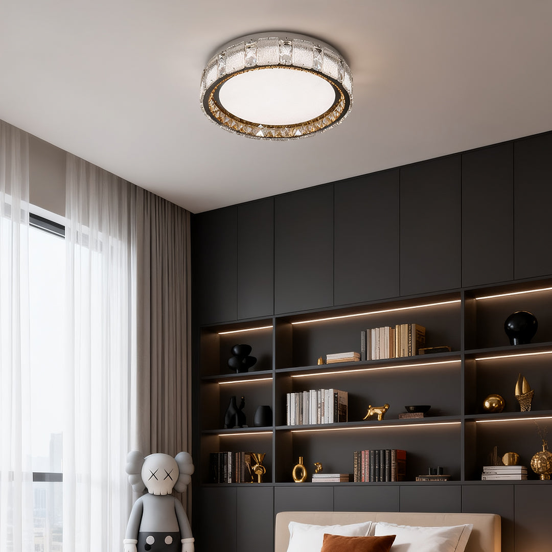 Crystal flush mount ceiling lights installed in contemporary living room with dark accent wall shelving