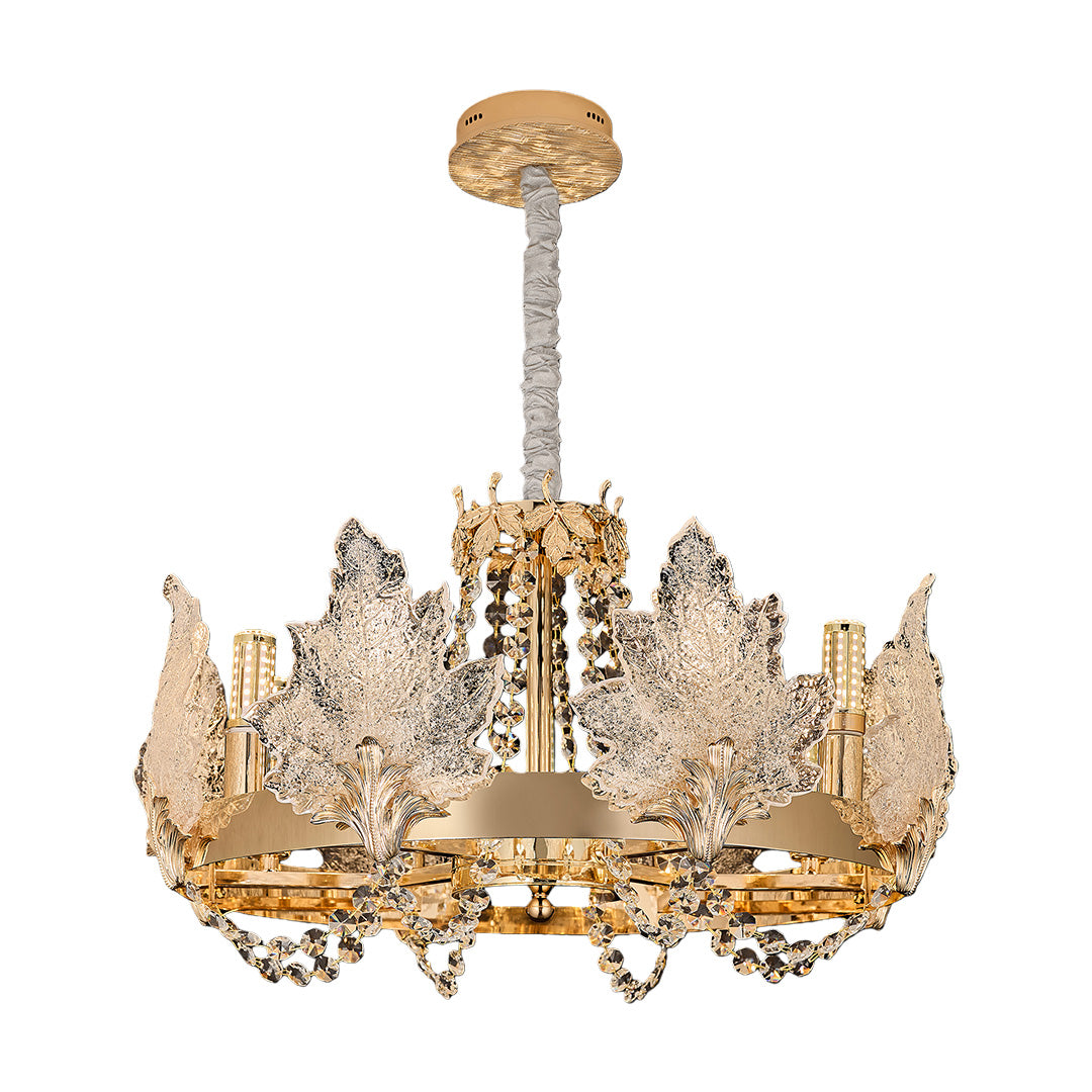 Gold French chandelier with crystal leaves and beaded chains.