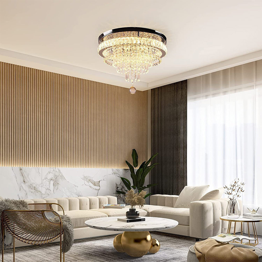 Crystal gold flush mount light illuminating stylish bedroom with beige tones and modern interior design