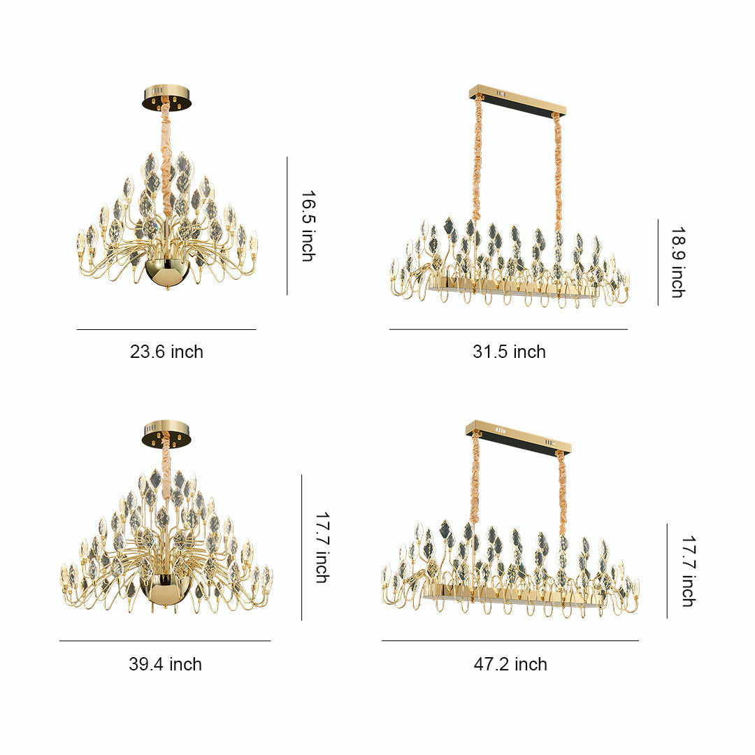 Crystal LED chandelier size guide with dimension details.