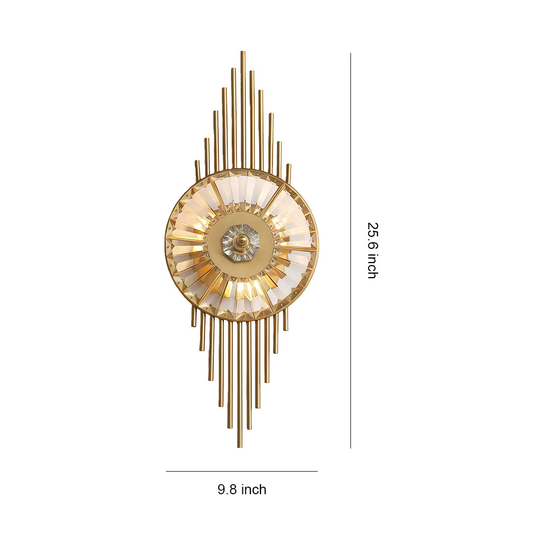 Crystal light wall with glass shade chandelier inspired design in Art Deco starburst form featuring gold metal tubes and central crystal disc.