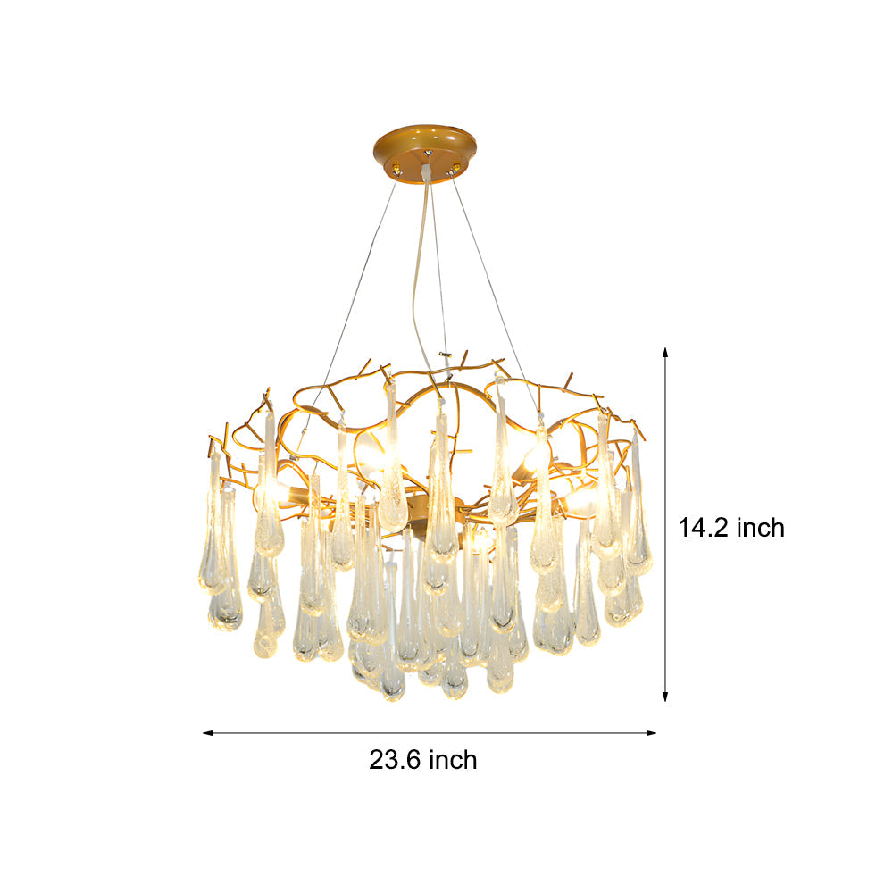 Size guide for crystal modern chandelier showing 23.6 inch width and 14.2 inch height.