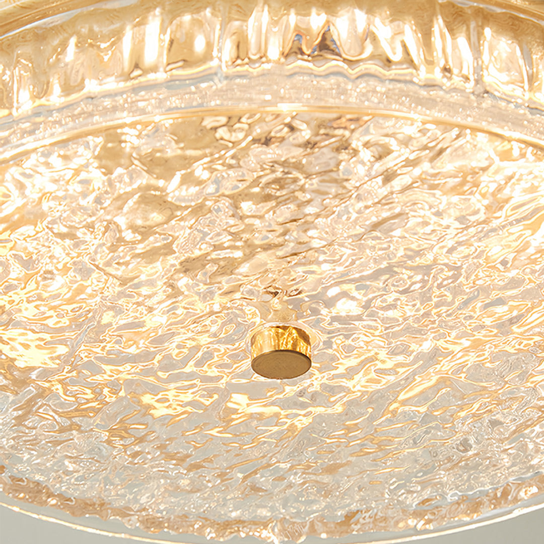 Crystal pattern wood flush mount ceiling light with intricate glass texture and warm glow