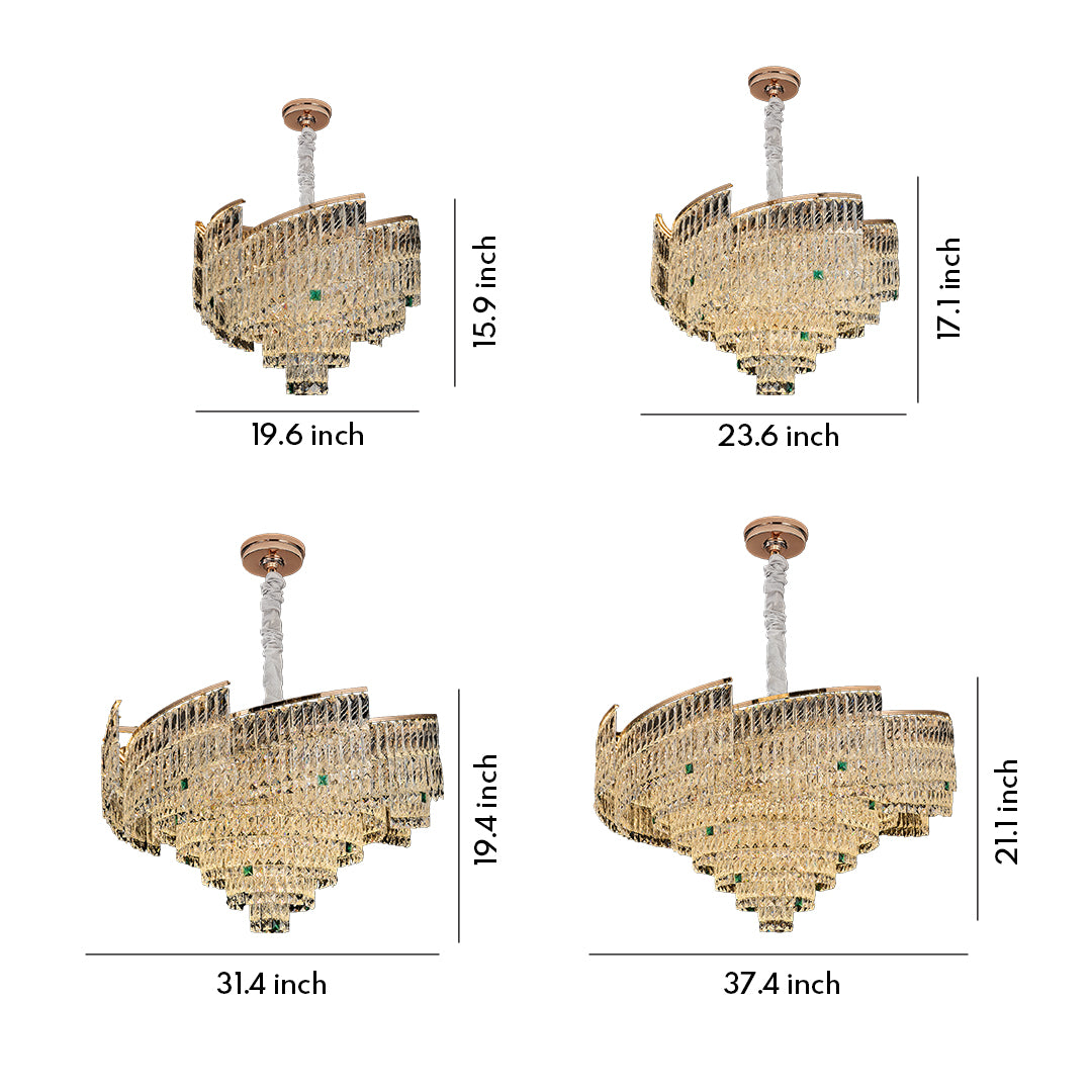 Crystal pendant chandelier size chart showing multiple angles and measurements.