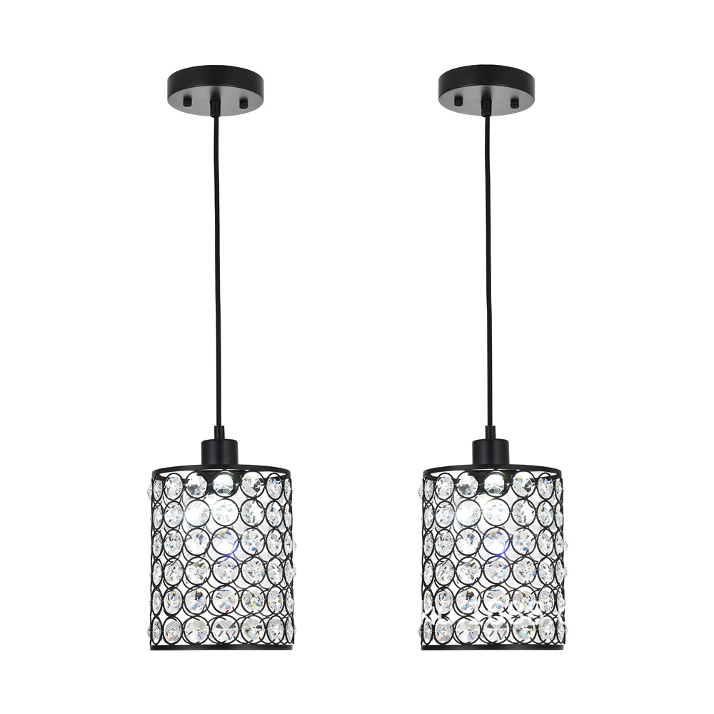 Crystal pendant light set with black hanging cord and canopy.