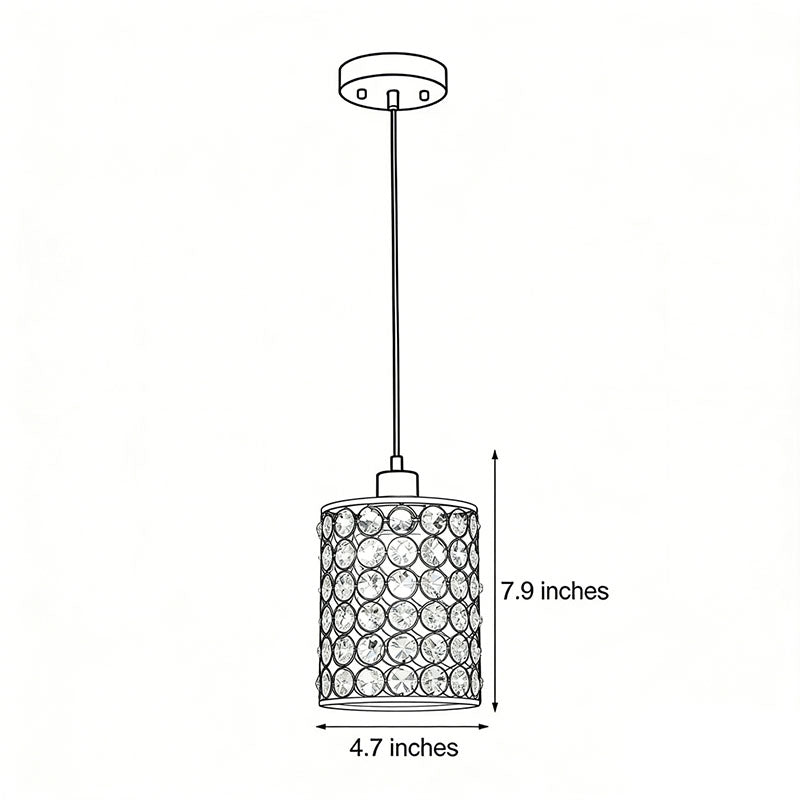 Crystal pendant light with size dimensions illustration.