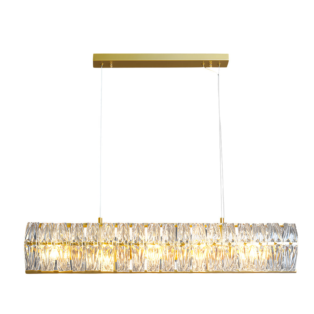 Crystal ring chandelier with a golden finish, illuminating a modern living area.