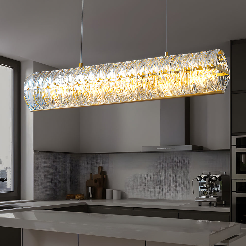Crystal ring chandelier with a luxurious design, hanging above a stylish dining table.