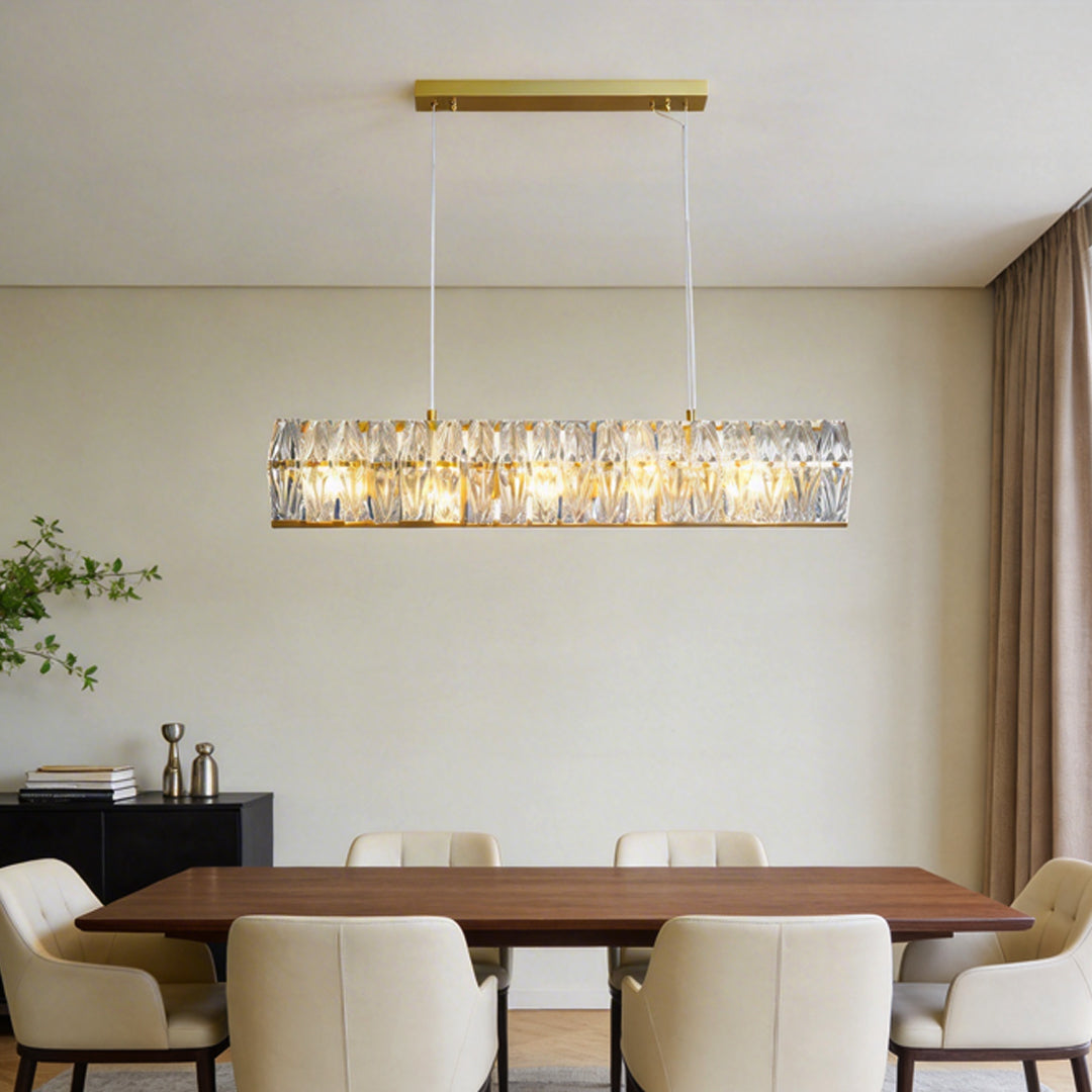 Crystal ring chandelier with a sleek design, illuminating a contemporary dining area.