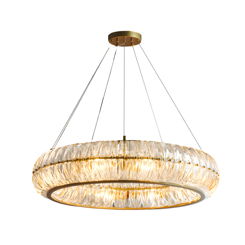 Crystal ring chandelier with a sleek design, hanging above a minimalist dining table.