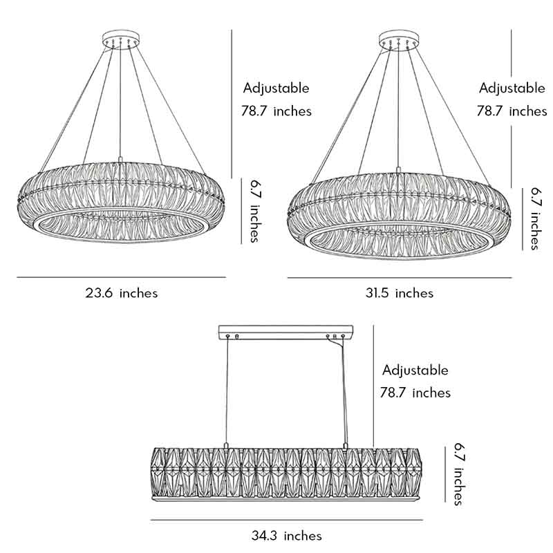 Technical diagram of crystal ring chandelier showing dimensions and installation details.