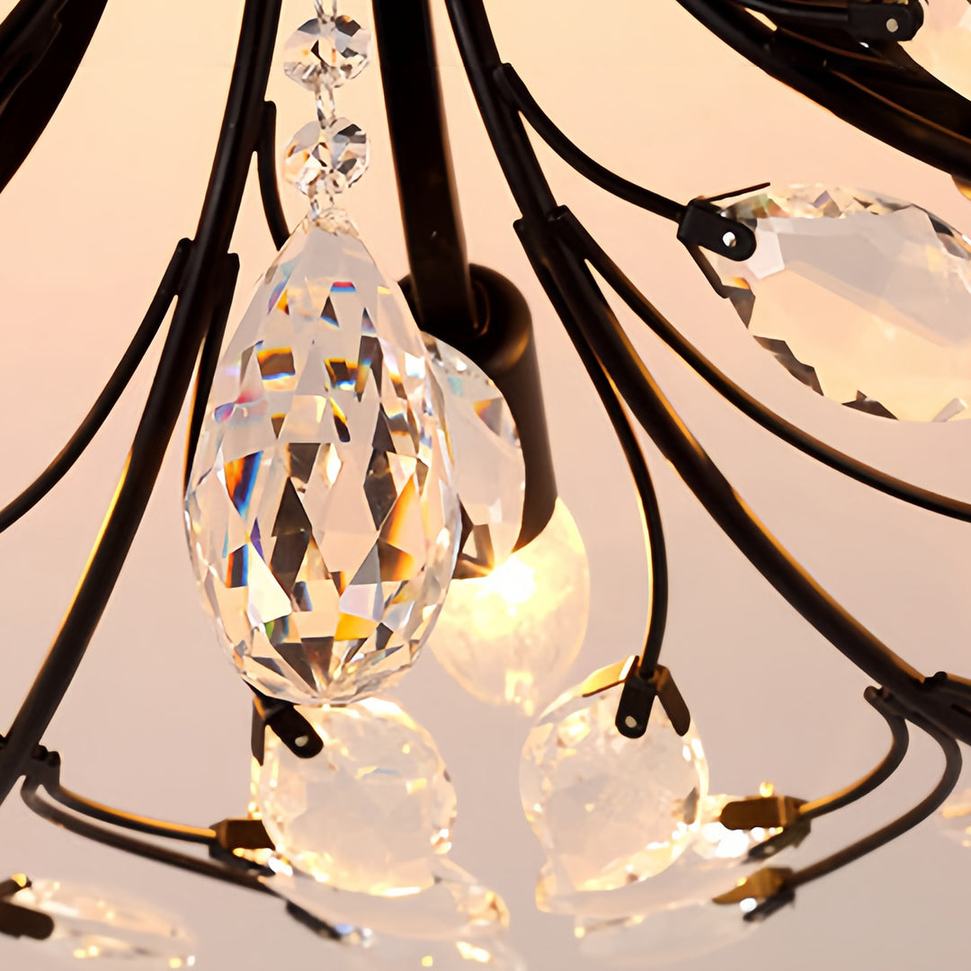 Crystal semi flush ceiling light branch detail revealing intricate metalwork and sparkling crystal embellishment craftsmanship