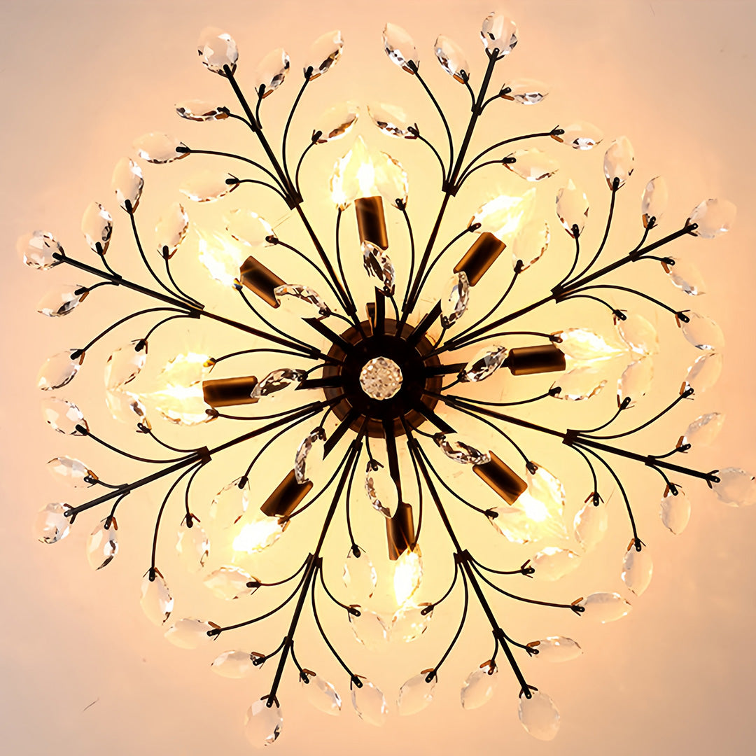 Crystal semi flush ceiling light close-up showing individual crystal elements and premium black metal framework quality