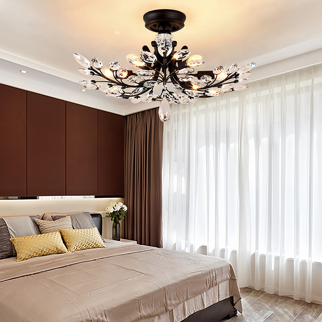 Crystal semi flush ceiling light illuminating elegant dining room with neutral decor and sophisticated interior styling