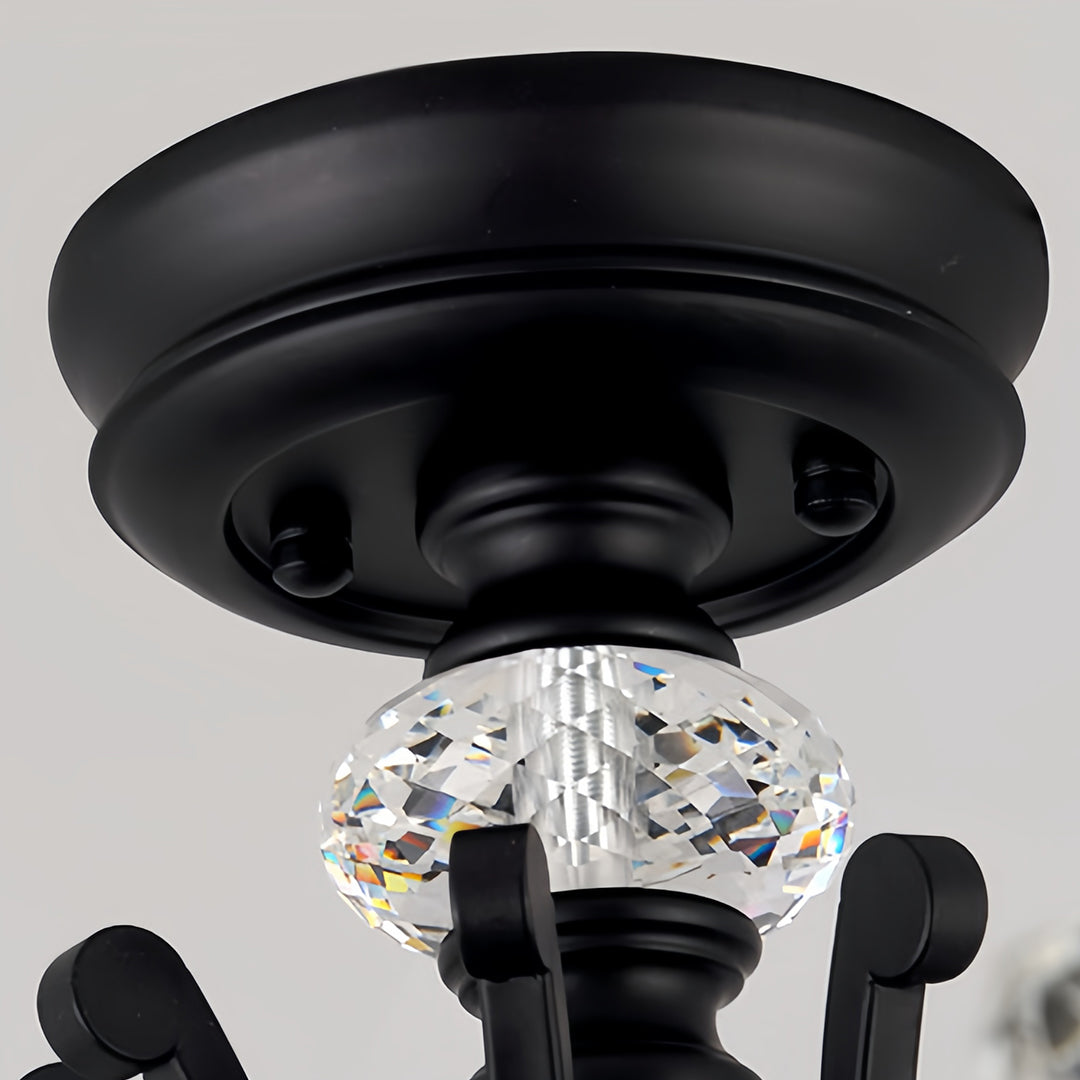 Crystal semi flush ceiling light in luxury bedroom with warm lighting and contemporary furniture arrangement